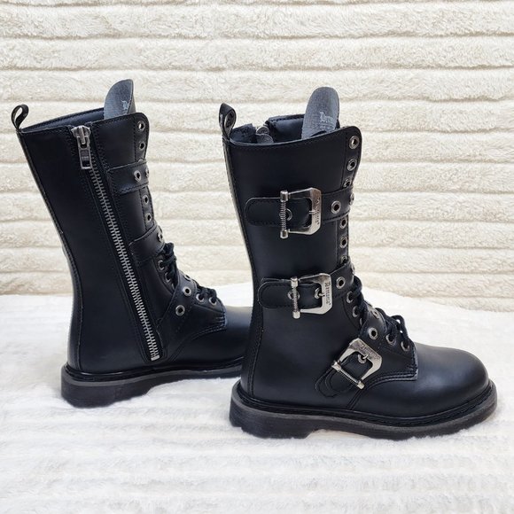 Goth Combat Biker Boots Black Matte Lightning Bolt Tread Bolt 330 - Picture 6 of 14